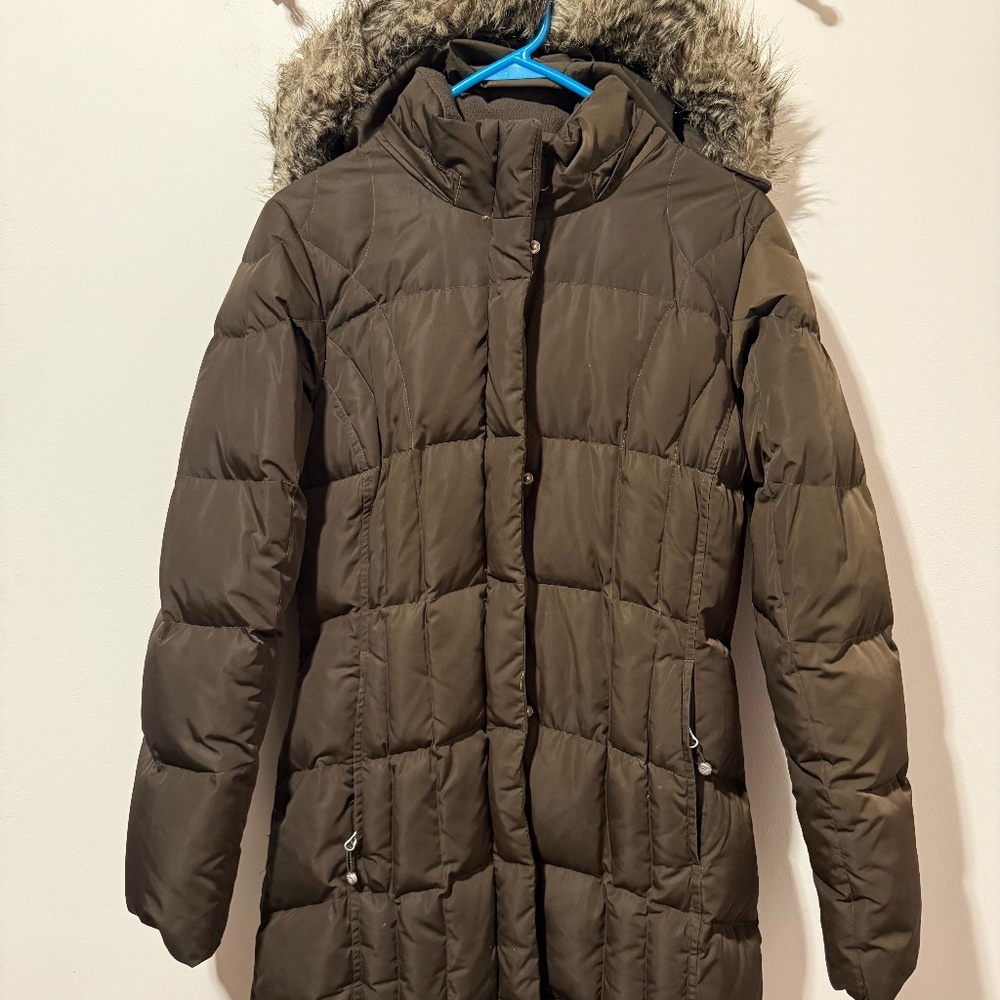 Eddie Bauer Ladies Long Down Parka, Size Small, Brown